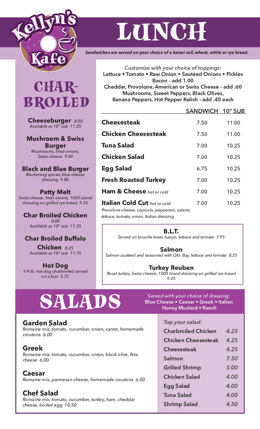 Kellyn's Kafe Lunch Menu